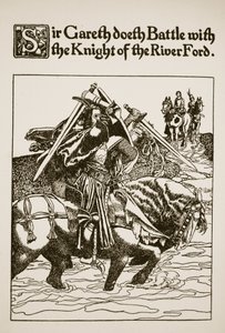 Sir Gareth combatte con il Cavaliere del Guado del Fiume, illustrazione da 